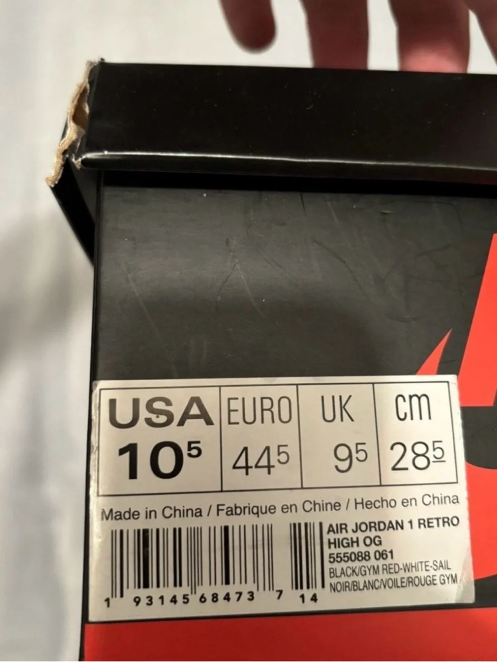 Jordan 1 Retro High OG Gym Red 2019 Size 10.5